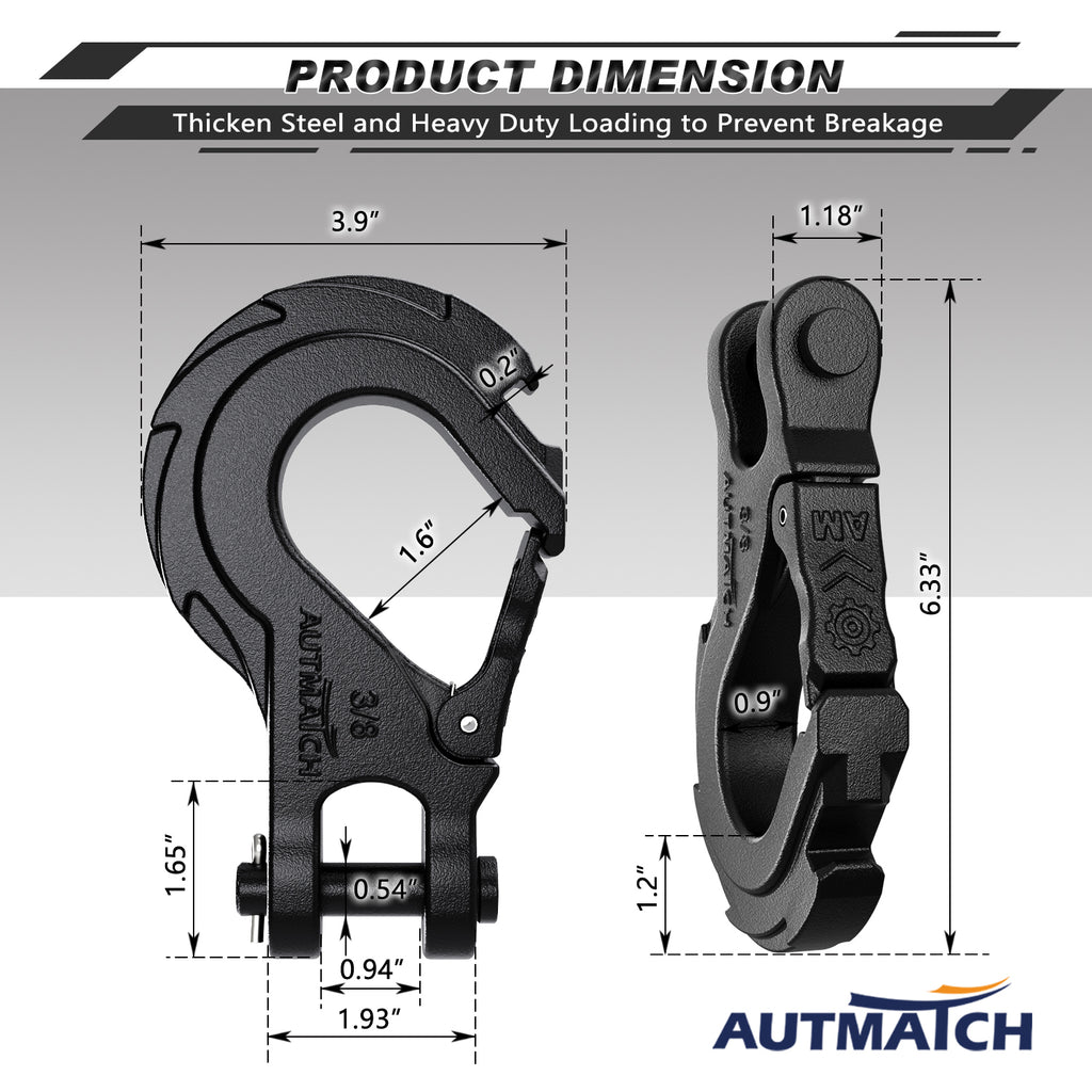 AUTMATCH Winch Hook Safety Latch 3/8 - Grade 70 Forged Steel  Clevis Slip Hook And Winch Cable Hook Stopper