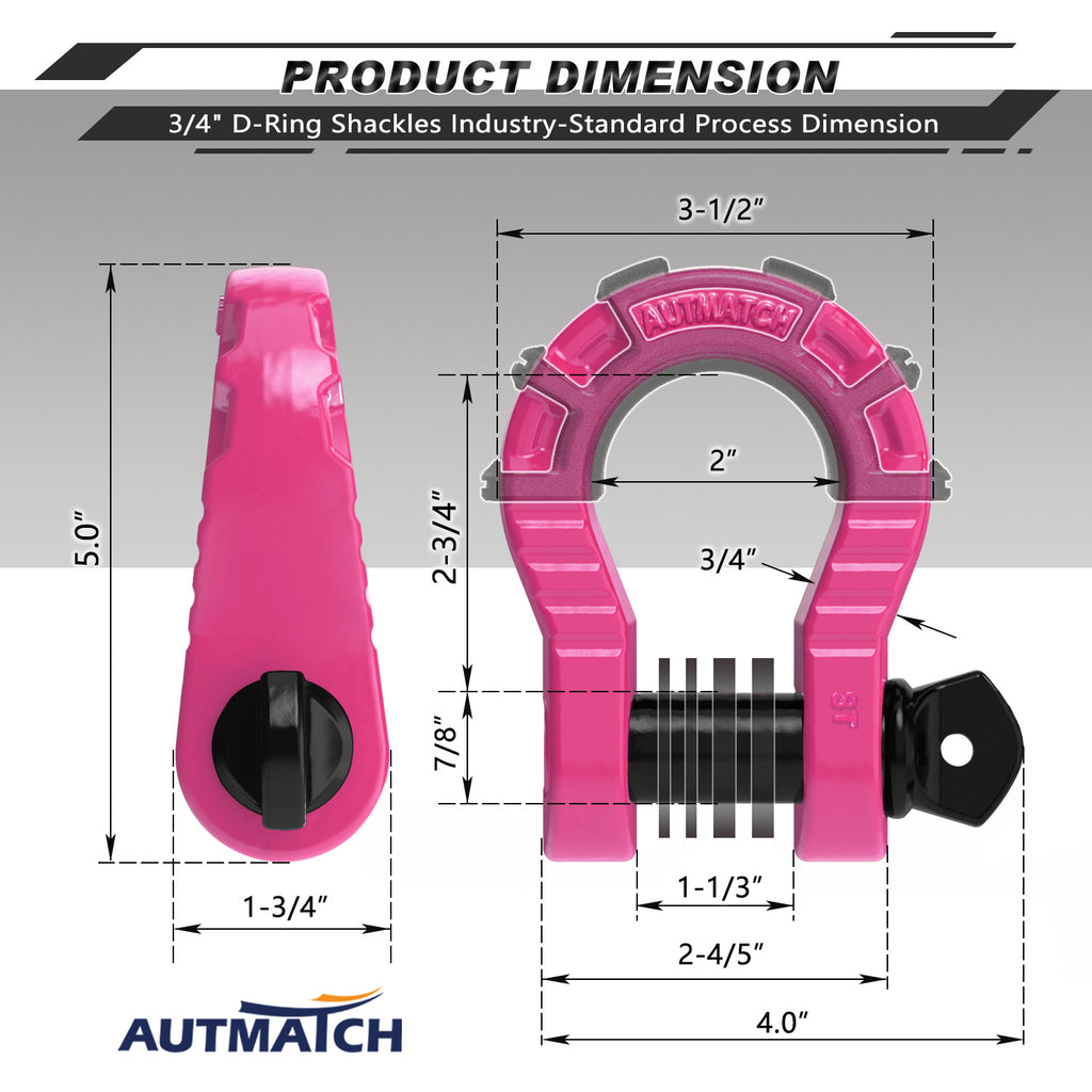 AUTMATCH 3/4 D Ring Mega Shackles with 7/8 Screw Pin and Shackle Isolator  Washers Kit Pink & Black – Autmatch